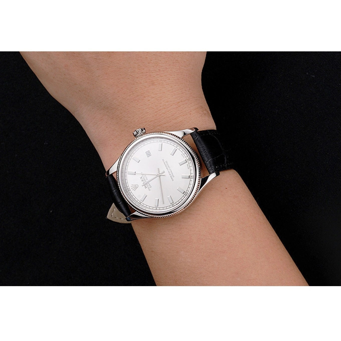 Aaa replica watch Datejust Strap Leather Case Stainless Swiss Rolex Dial Steel Black White 0801